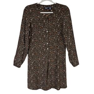 Vintage GAP Brown Floral Rayon Dress Long Sleeve Button Front‎ Small Petite